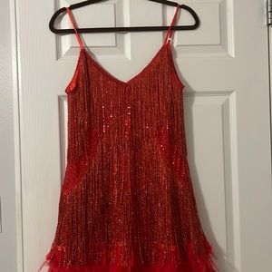 Red fringe feather mini dress, never worn